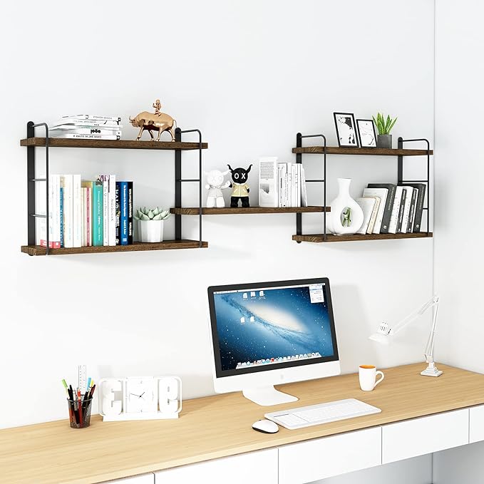 MXCSE Wall Shelves, Wall Mounted Bookshelves, DIY Floating Shelves for Wall, Wood Hanging Book Shelves for Room, Bedroom, Living Room, Easy Installation, 5 Shelves (Brown, 50W x 17H)
