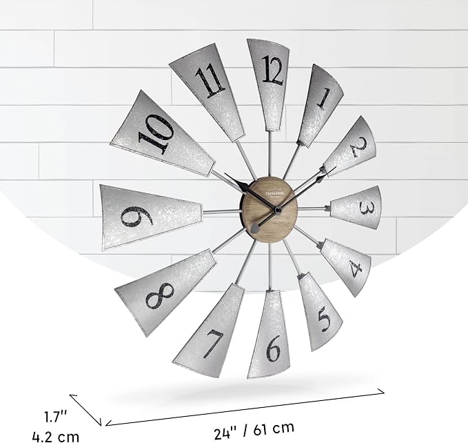 Presentime & Co. 24" Lorenzo Farmhouse DIY Windmill Clock, Indoor/Outdoor Clock, Silent no Ticking, Wall Décor, Wall Art and Timepiece for Home Decoration, Galvanized and Light Gray Oak Finish