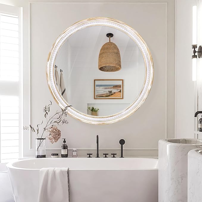 36 Inch Farmhouse Round Wood Mirror, Rustic Boho Circle Decorative Mirrors for Bathroom, Living Room, Entryway, Bedroom, Hallway