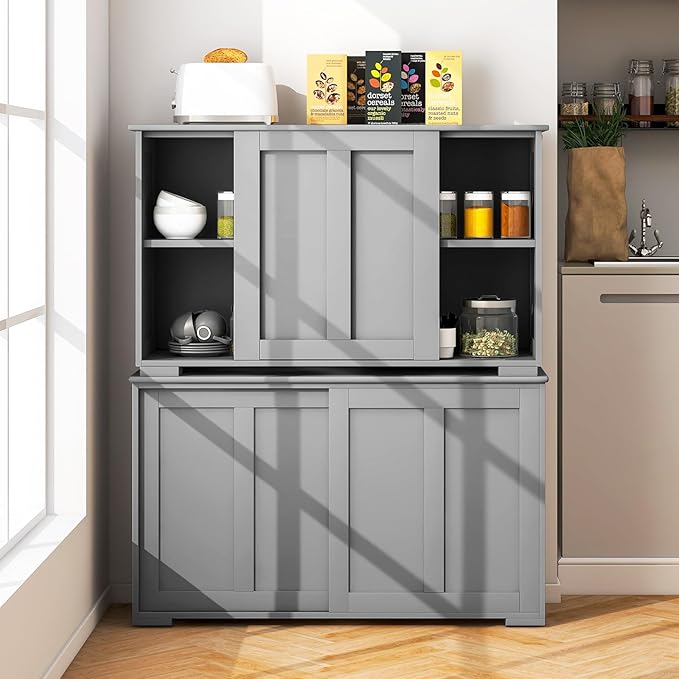 Sideboards Buffet Cabinet with Storage, Sliding Door Coffee Bar, Console Table with Adjustable Shelf, Credenzas for Living Room, Stackable Kitchen Cupboard for Dining Room (Grey)