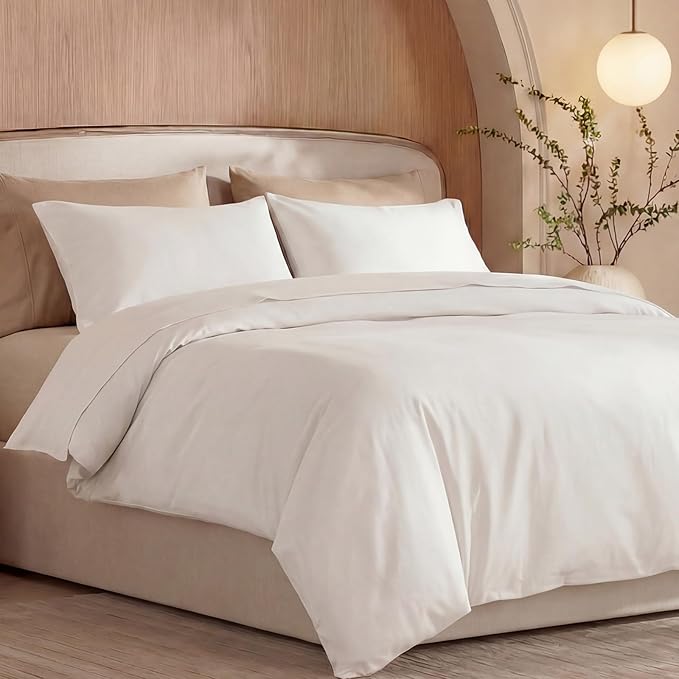 100% Washed Cotton Duvet Cover King Size – Bright White, Linen-Like Texture, Super Soft & Breathable Bedding Set, 3-Piece Durable Percale Comforter Cover