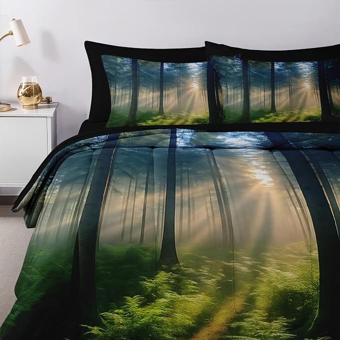 Nesker Comforter Set King Size, Sunlit Forest Nature 7 Pcs Bedding for Kids and Adults, Misty Tree Forest Bed Sheet Sets with Fitted Sheet 2 Pillowcases & 2 Shams