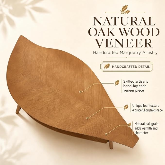 Small Coffee Table with Storage,Unique Leaf Handcrafted Marquetry,Mid Century Modern Oval Wooden Coffee Table,Natural Oak Veneer, Solid Wood Legs,for Living Room,Apartment(Walnut)