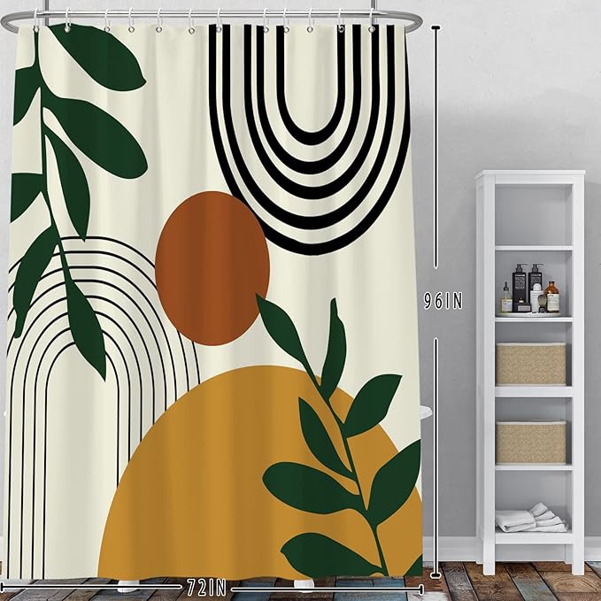 Baocicco Boho Mid Century Shower Curtain Sun Leaves Modern Abstract Geometric Aesthetic Shower Curtains for Bathroom Bathtubs Waterproof Fabric Shower Curtain with Hooks 72x96 Inches