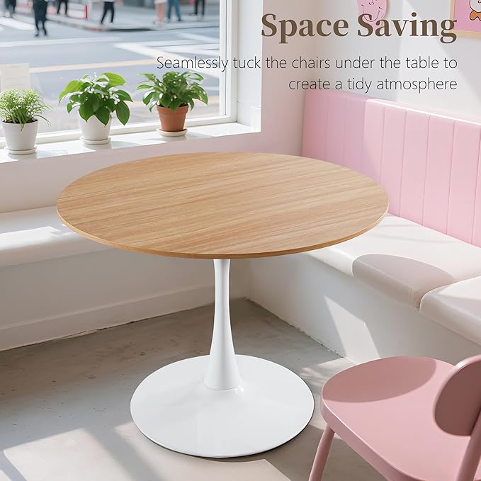 42 Inch Round Dining Table,Mid-Century Tulip Table with Metal Pedestal Base,Modern Leisure Table for Small Space Kitchen Dining Room,Easy Assembly,White and Oak