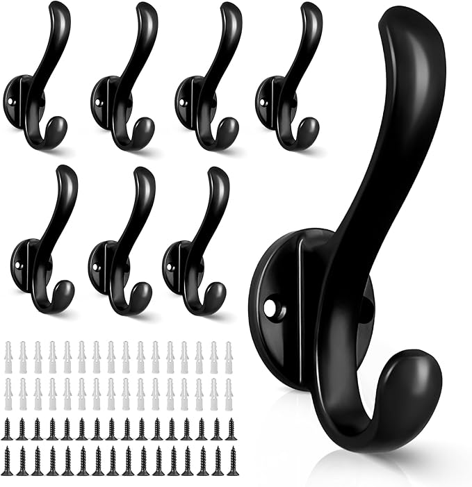 8 Pack Coat Hooks Wall Mount Heavy Duty Utility Retro Double Hooks for Hanging Coats,Hat, Towel, Key, Robe, Scarf, Bag, Cap (Black)