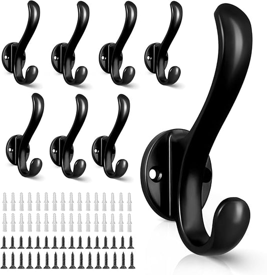 8 Pack Coat Hooks Wall Mount Heavy Duty Utility Retro Double Hooks for Hanging Coats,Hat, Towel, Key, Robe, Scarf, Bag, Cap (Black)