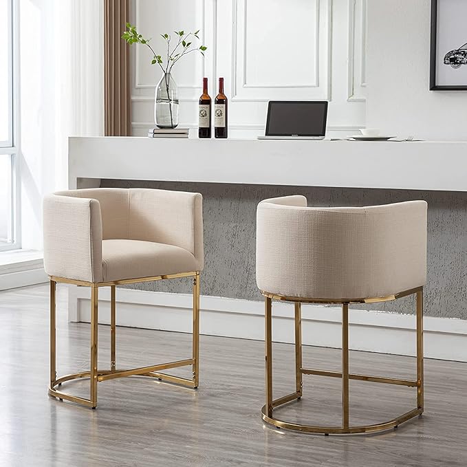 Contemporary Cream Linen Bar Stools Set of 4, 29" Upholstered Fabric Counter Height Barstools Kitchen Counter Island Stools with Screwed Together Golden Metal Base