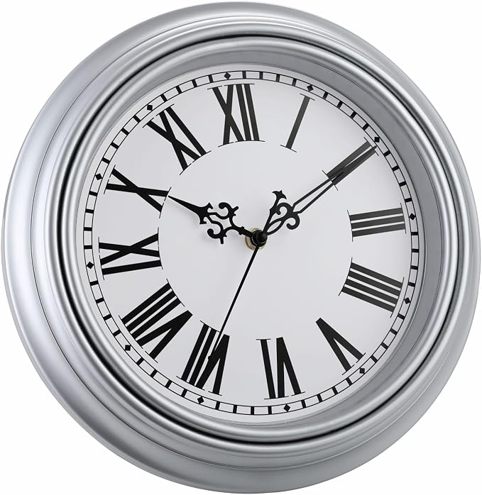Plumeet Extra Large Retro Wall Clock, 16'' Non Ticking Classic Silent Vintage Wall Clocks Decorative Kitchen Living Room Bedroom, Roman Numerals, Battery Operated, Silver