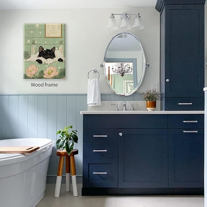 Black Cat in Bathtub Poster Vintage Japanese Bathroom Wall Art 08x10 inch Framed Funny Cute Animal Canvas Prints for Bedroom Restroom Toilet Wall Decor