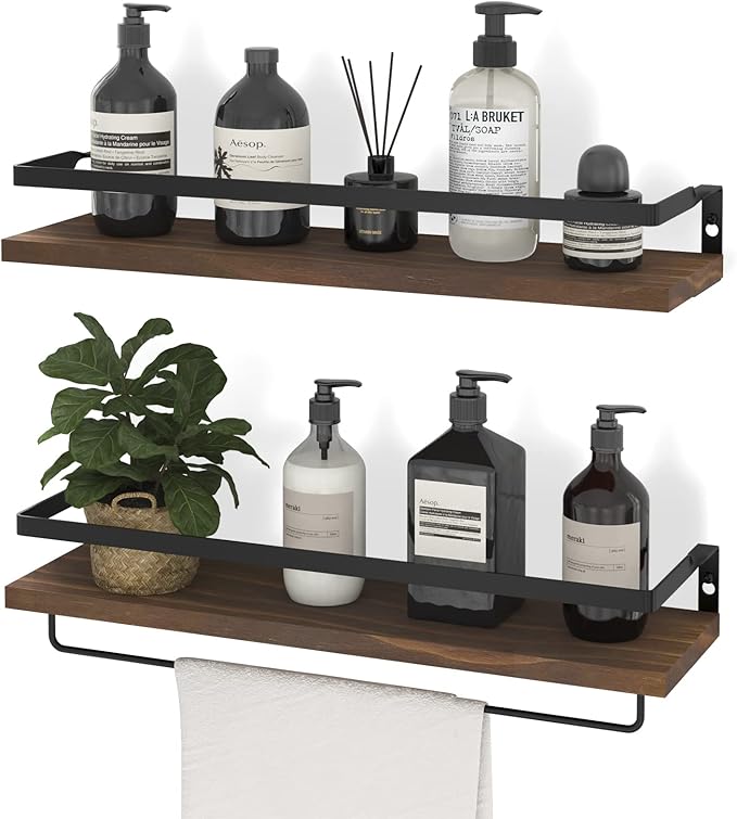 Floating Shelves for Wall, Bathroom Shelves with Towel Bar, Wall Mounted Storage Shelves for Kitchen, Bathroom, Set of 2 Brown