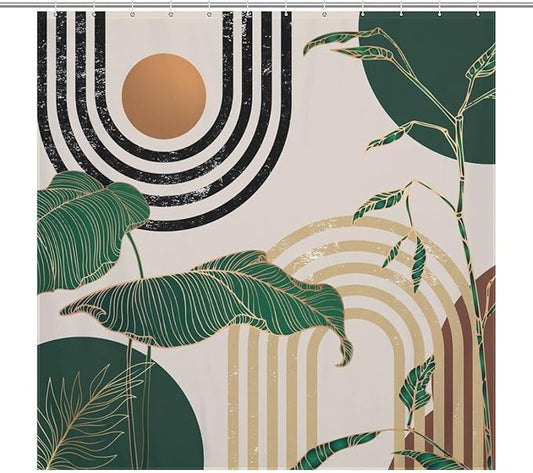 Green Boho Shower Curtain,Retro Abstract Mid Century Minimalist Tropical Modern Bathroom Curtain Polyester Waterproof Fabric Decor 72x72in（183x183cm）