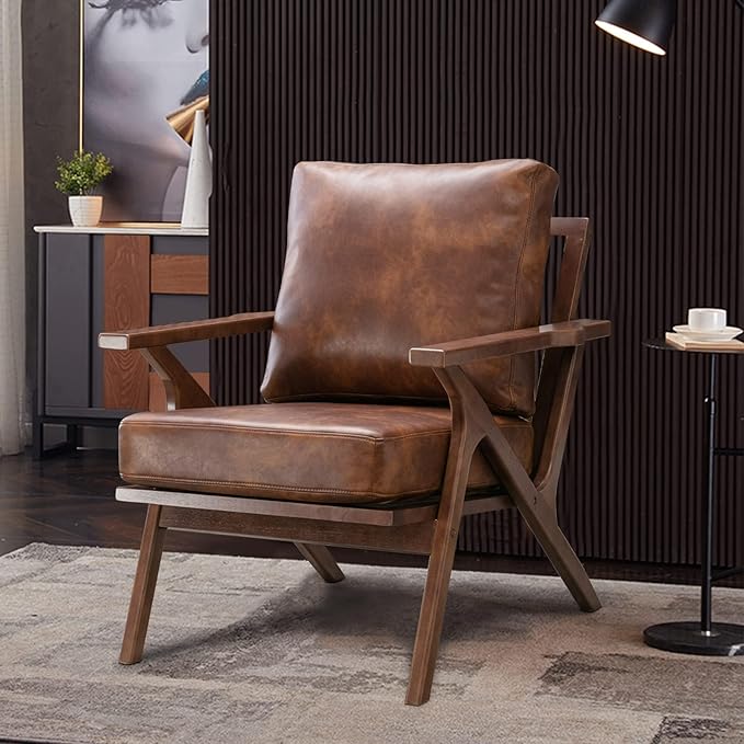 Bonzy Home Faux Leather Accent Chair for Living Room,Upholstered Armchair with Cushions and Solid Wood Frame, Mid-Century Modern Lounge Chair for Bedroom or Office