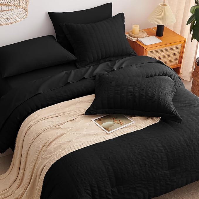 CozyLux California King Comforter Set with Sheets 7 Pieces Black Seersucker Bed in a Bag, Cal King Luxury All Season Bedding Set with Down Alternative Comforter, Sheets, Pillowcases & Shams, Home Gift
