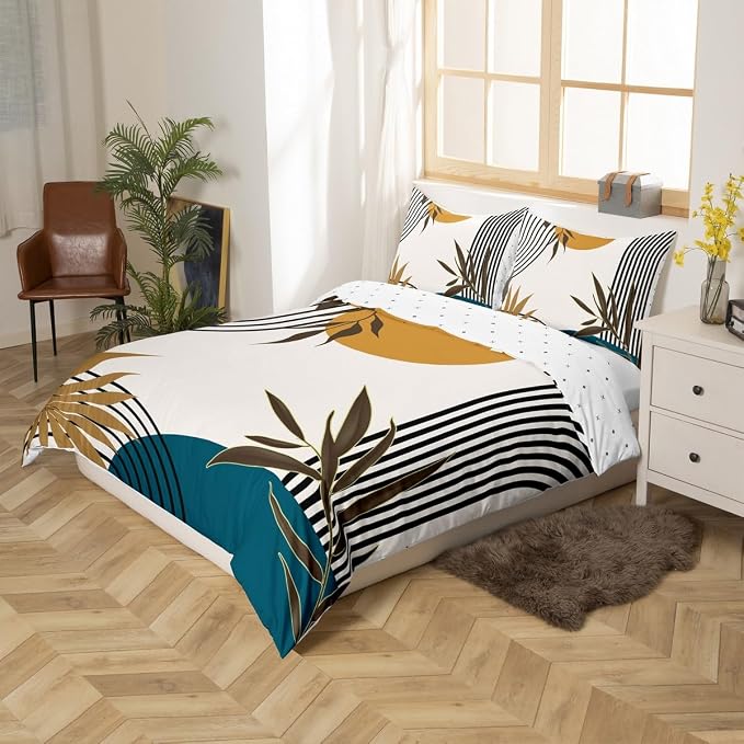Erosebridal Abstract Modern Blue Duvet Cover Queen for Kids Teens Adults,Mid Century Boho Comforter Cover,Botanical Minimalist Bedding Set,Geometric Leaves Bed Set 3 Pcs Bedroom Decor