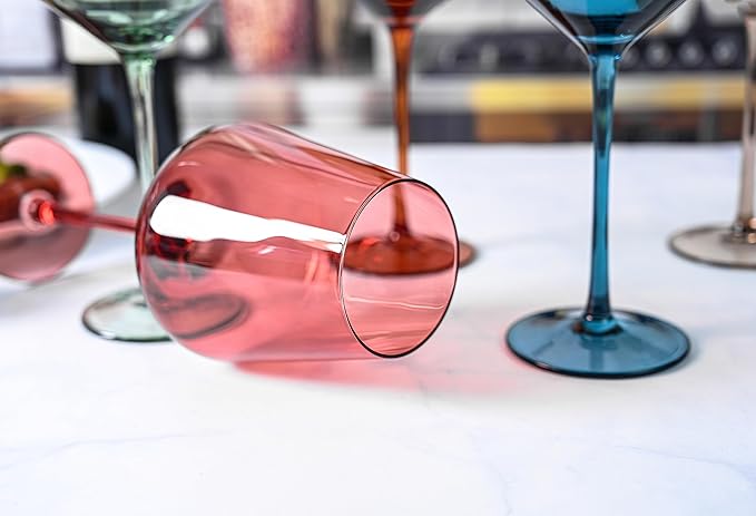 Colored Cordial Glasses Set of 6, 18oz Crystal Unique Fall Drinking Wine Glass Cups with Stem - Luxury Multi Color Glassware Gift Set for Wife & Mom - Colorful Hand Blown Drinkware for Red White Wine.