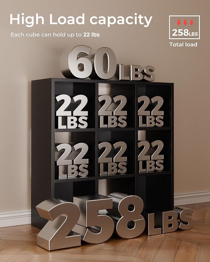 GTPLAYER 9-Cube Storage Organizer, Fits 11" Bins, Vertical or Horizontal Use, Opening Bookshelf, Partial Back Panels, Stackable Design Bookcase, for Living Room, Media Console, Hallway, Black