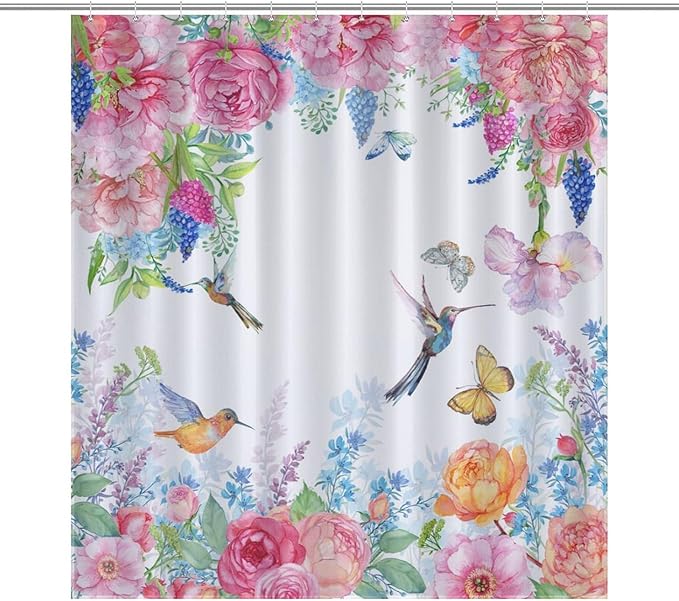 Hummingbird Butterfly Floral Shower Curtain, Spring Watercolor Flowers Blossom Floral Plant Nature Waterproof Shower Curtains for Bathroom Decor 12 Pack Hooks 66x72in（168x183cm）