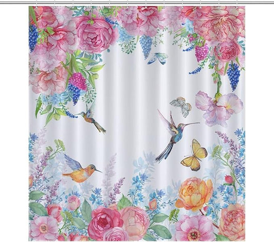 Hummingbird Butterfly Floral Shower Curtain, Spring Watercolor Flowers Blossom Floral Plant Nature Waterproof Shower Curtains for Bathroom Decor 12 Pack Hooks 66x72in（168x183cm）