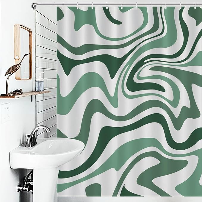 Hippie Shower Curtain, 70s Retro Colorful Green Pastel Wave Hippie Abstract Swirl Aesthetic Boho Funky Trippy Waterproof Fabric Bath Shower Curtain Set with Hooks, 72"x84" Inch