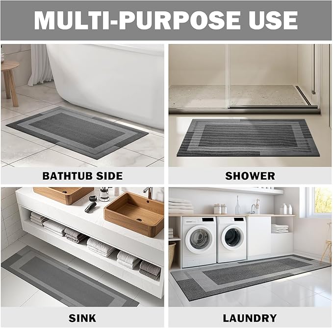 Non Slip Bath Mat, Rubber Backing Ultra Thin Bathroom Rugs Fit Under Door Quick Dry Super Absorbent Washable Bath Rug Shower Mat for Bathroom Floor Bathtub Sink, Easy Care Dark Grey 24"x 35"