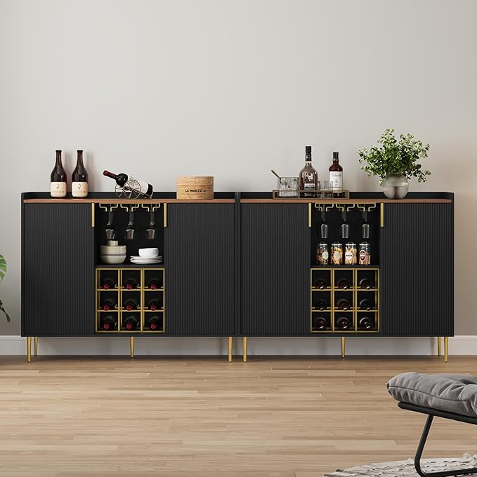ARTPOWER 48" Wine Bar Cabinet with Fluted Texture, Modern Buffet Sideboard with Wine Rack and Glass Holder, Liquor Coffee Station with Storage for Kitchen, Living Room, Home Bar, Black