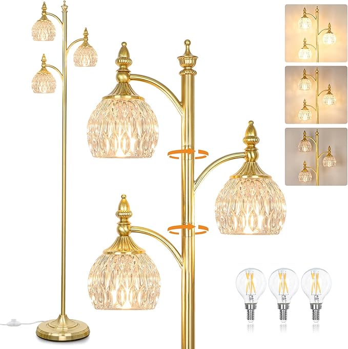 JUNNAI Gold Floor Lamp for Living Room 66.5in Brass Tall Standing Lamp with 3 Way Brightness Lights Glass Shades Modern Mid Century Gothic Corner Lamp for Bedroom Office