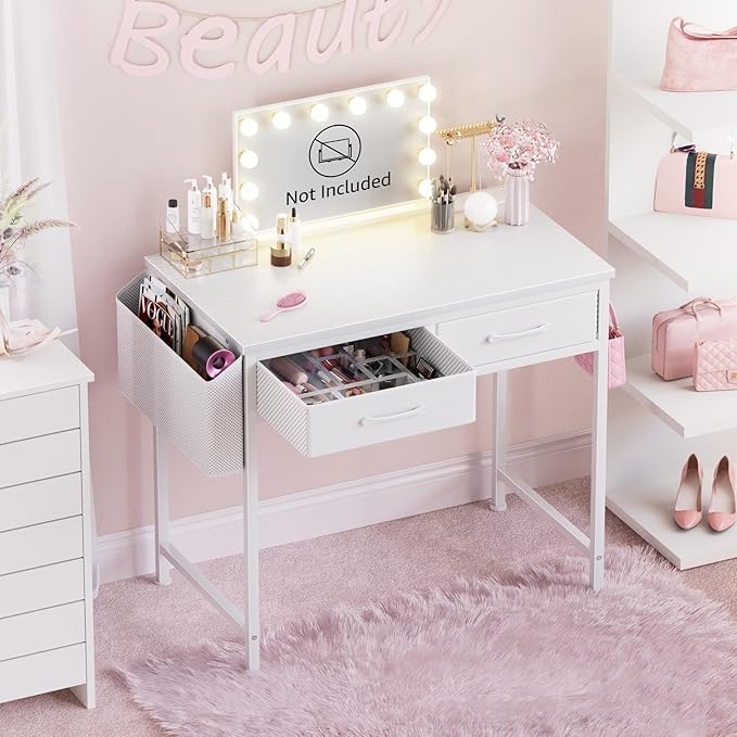 DLisiting 32 Inch Small White Desk with 2 Drawers, Study Writing Computer Desk with Storage Drawer for Bedroom Home Office, Vanity Table Without Mirror for Girls Small Spaces
