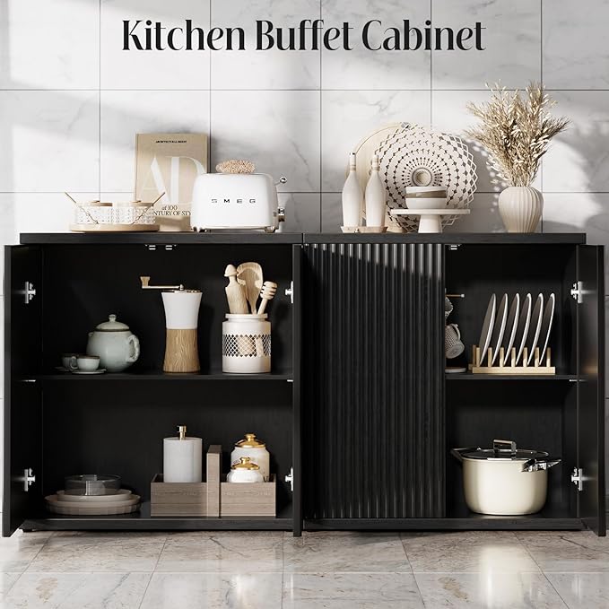 Fluted Buffet Cabinet Sideboard with Storage,Wooden Credenza with 2 Doors&Adjustable Shelve, Modern Accent Cabinets Coffee Bar Bookcase for Living Room,Kitchen Dining Room Entryway 15"D Black