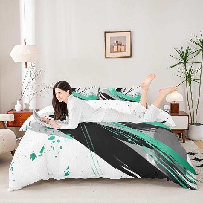 Erosebridal Black and Teal Duvet Cover King - Striped Bed Set for Boys Adults Girls Geometric Decorative Abstract Bedding Set Minimalists Graffiti Aesthetic Lines Bed Cover