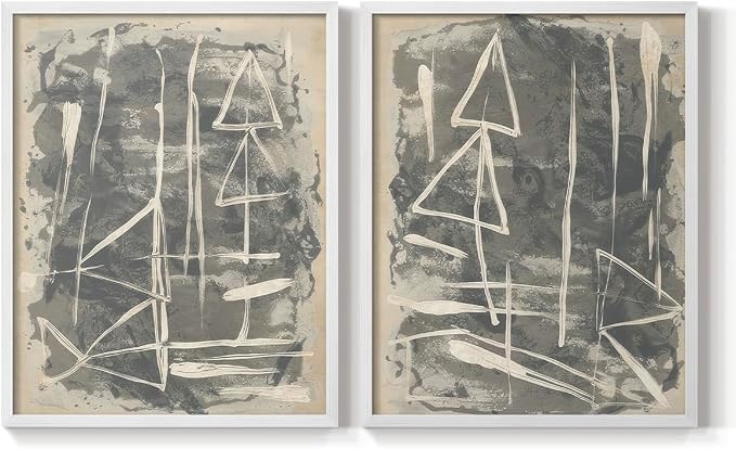 Renditions Gallery Set of 2 Peel & Stick Framed Prints, Trendy Abstract Wall Art, Textured Linework Striking Wall Decor, Re-Stickable - Ready to Hang - 16"x20" - White Frame LT588