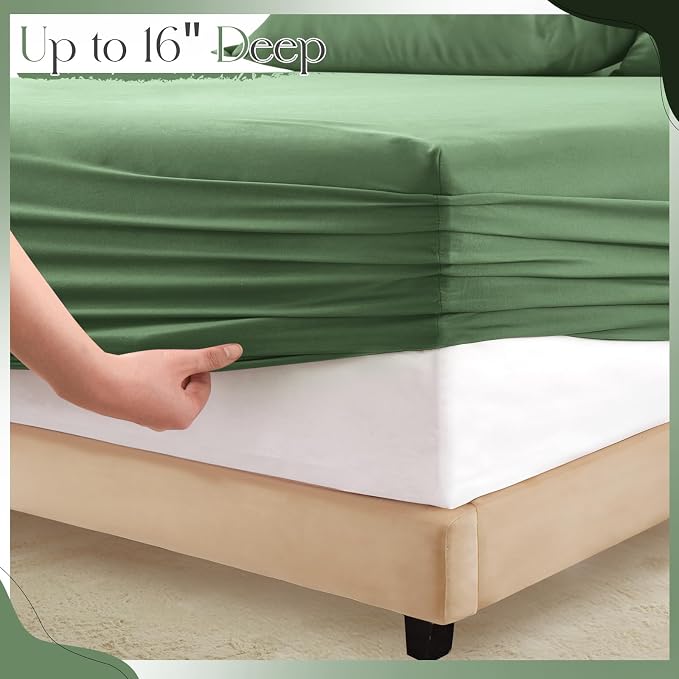 Horbaunal Sage Green Ruffle Sheets Twin Size 4 Piece, Fits 16" Deep Mattress, Microfiber Green Twin Sheets with 1 Ruffled Pillowcases, Shabby Chic Bed Sheet Set
