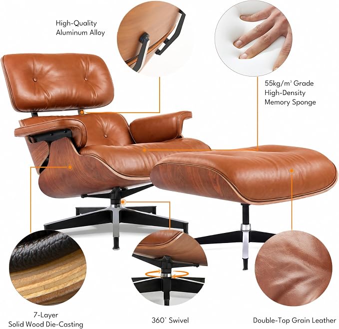 Top Grain Leather, Mid Century Chaise Lounge Chair and Ottoman, Modern Chair Classic Design, Heavy Duty Base Support for Living Room Study Lounge Office, Palisander-Brown