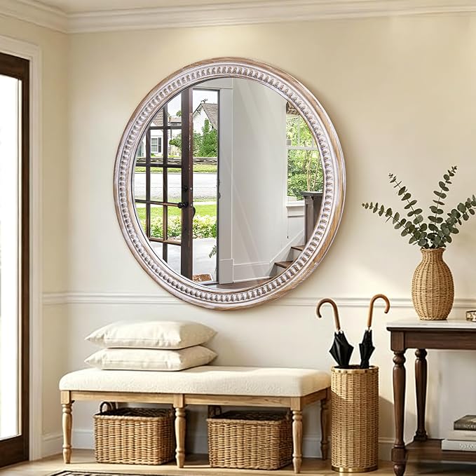 HOITUZYUS 30 Inch Farmhouse Round Wall Mirrors with Rustic Wooden Frame – Large Boho Decorative Circle Mirror for Bathroom, Living Room, Entryway & Foyer