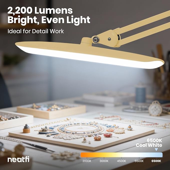 Neatfi XL Nail Desk Lamp with Clamp, 2200 Lumens, 20-Inch Wide Head, Dimmable 4 Levels, 6500K, LED Task Light for Manicure Table, Crafts, Workbench, Office (Non-CCT, Gold)