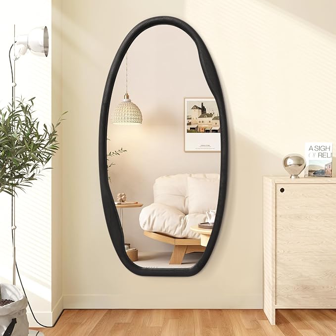 JJUUYOU Irregular Wall Mirror Black Wood Frame Mirrors for Wall 40"X20" Large Asymmetrical Hanging Mirror Modern Horizontal or Vertical Mirrors for Living Room Bathroom Entryway Bedroom Farmhouse