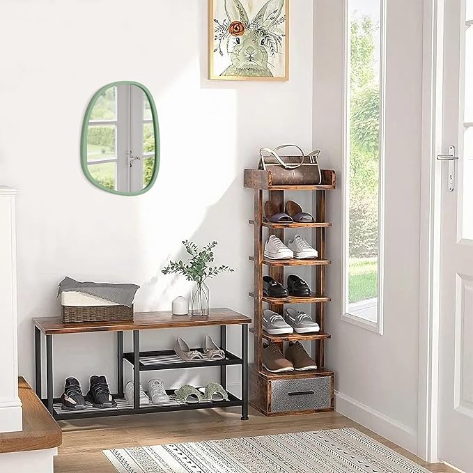 Green Asymmetrical Mirror Irregular Oval Wall Mirror Wood Frame Unique Shape Modern Wall Mounted Vanity Artistic Mirror for Living Room Bedroom Bathroom Entryway Decorative 14"x10"