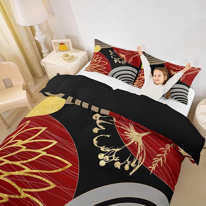 Erosebridal Red and Black Modern Twin Comforter Cover for Minimalist | Abstract Mid Century Duvet Cover Bohemian Leaf Floral Botanical Bed Set Aesthetic Modern Geometric Bedding Set