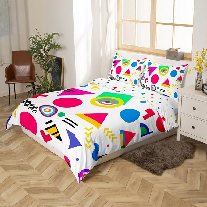 Memphis Duvet Cover Hipster Retro Bedding Set,80s and 90s Hip Hop Funky Comforter Cover Colorful Pop Art Inspired Pattern Twin Bed Set,Watercolor Eighties Memphis Geometrical 80s Bedroom Decor