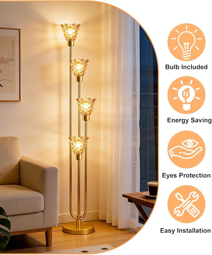 Lightdot Glass Floor Lamp Dimmable 4-Lights Gold with Amber Glass Shade 3000K Bulbs Included Mid Century Modern Standing Tall Lamp with 5Lbs Heavy Base for Living Room/Bedroom/Sofa Beside/Corner Decor
