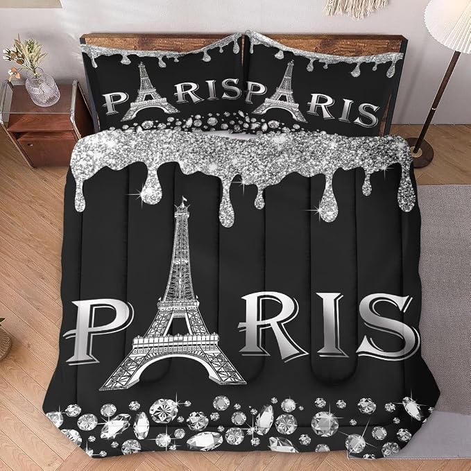 WeCozy Full Size Comforter Set with 2 Pillowcases, Silver Paris Eiffel Tower 3 Pcs Bedding for Kids and Adults, Black France French City Soft Comforter Set for Bedroom Bed Decor