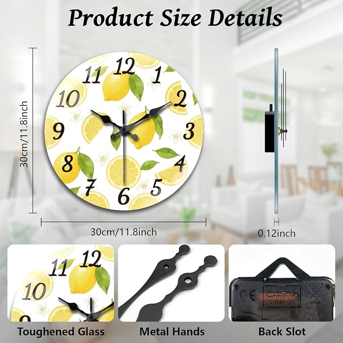 peacoblue Wall Clocks Battery Operated 12 Inch Lemon Glass Round Wall Clock Non Ticking for Kitchen Living Room Dining Room Bedroom and Bathroom Decor Accessories (Battery not Included)