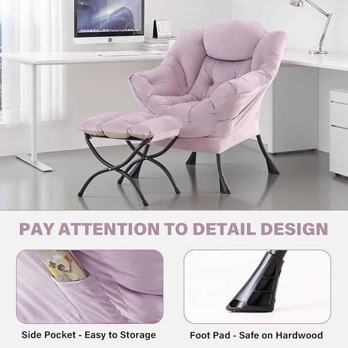 Tiita Lazy Chair with Ottoman, Purple Modern Large Accent Armchair, Comfy Leisure Sofa Reading Chair with Footrest for Bedroom, Living Room, Dorm Rooms, Garden, Velvet Light Purple