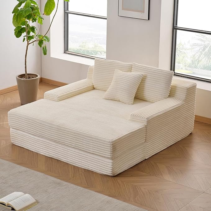 59" W Boneless Chaise Lounge Chair Indoor - Corduroy Oversized Reading Chair, 3060D Memory Foam, Deep Seat Cozy Cloud-Like Boneless Couch for Living Room, No Assembly Required,Beige