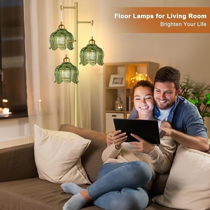 Vintage Floor Lamps for Living Room Bedroom-3 Light Gold Floor Lamp with Glass Lampshape, Flower Green Tall Lamp Mid Century Modern Standing Lamp Tree Floor Lamp for Bedroom Living Room Corner