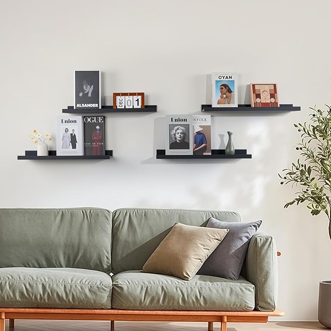 NEXHOME PRO Floating Shelves for Wall Set of 4,24 Inches Picture Ledge Shelf, Kids Bookshelf Wall Mounted for Living Room Bedroom Bathroom Kitchen, Easy Install,Black