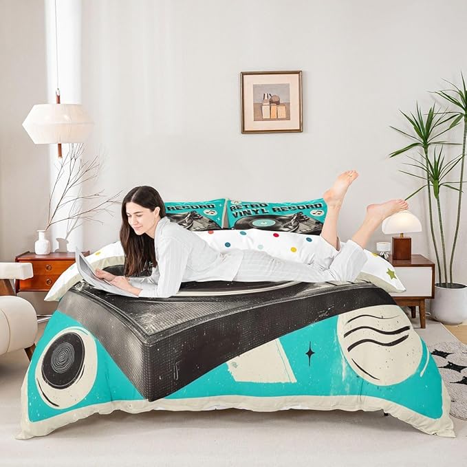 Erosebridal Retro Music Duvet Cover King for Boys Men - Retro Vinyl Record Bedding Set Vintage Nostalgic Music Comforter Cover,Rustic Musical Notes Bed Set