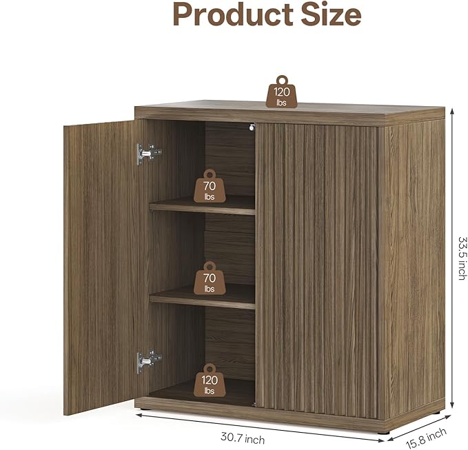 Fluted Sideboard Cabinet with Storage, Mid Century Modern Accent Cabinet, Wood Credenza Cabinets with Adjustable Shelves & Pop-up Doors Perfect for Entryway Kitchen Living Room, Brown 2pcs