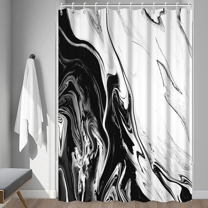 Black and White Shower Curtain, Modern Abstract Black Marble Shower Curtain for Bathroom Aesthetic Ink Texture Waterproof Shower Curtain Set with Hooks, 72x78 Inch