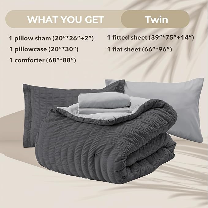 HYMOKEGE Dark Grey/Light Grey Twin Comforter Set Seersucker 5 Pieces, All Season Luxury Bed in a Bag for Bedroom, Bedding Set with Comforter, Sheets, Pillowcase & Sham